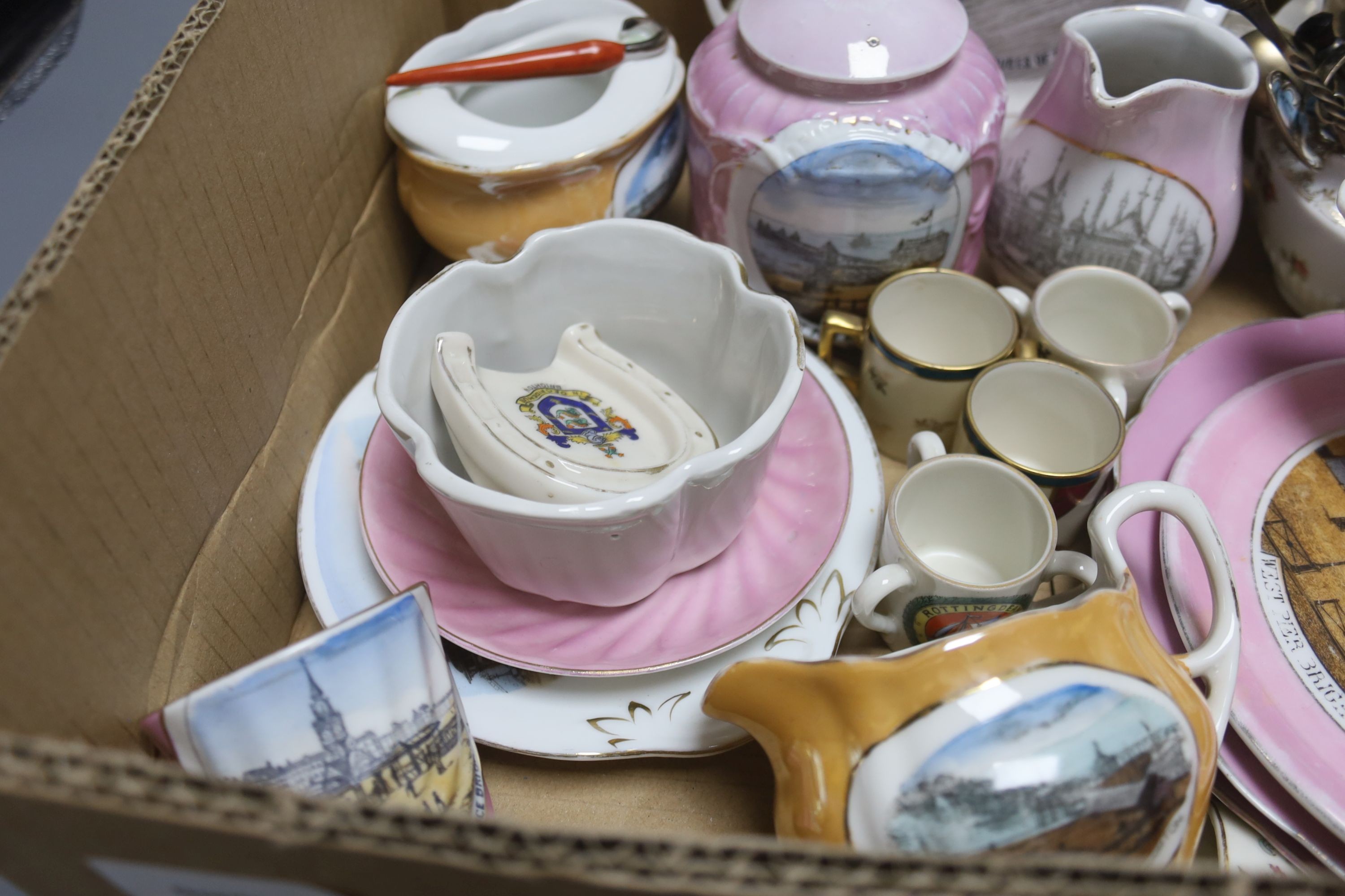 A group of late 19th century Brighton and London souvenir porcelain wares including crested wares